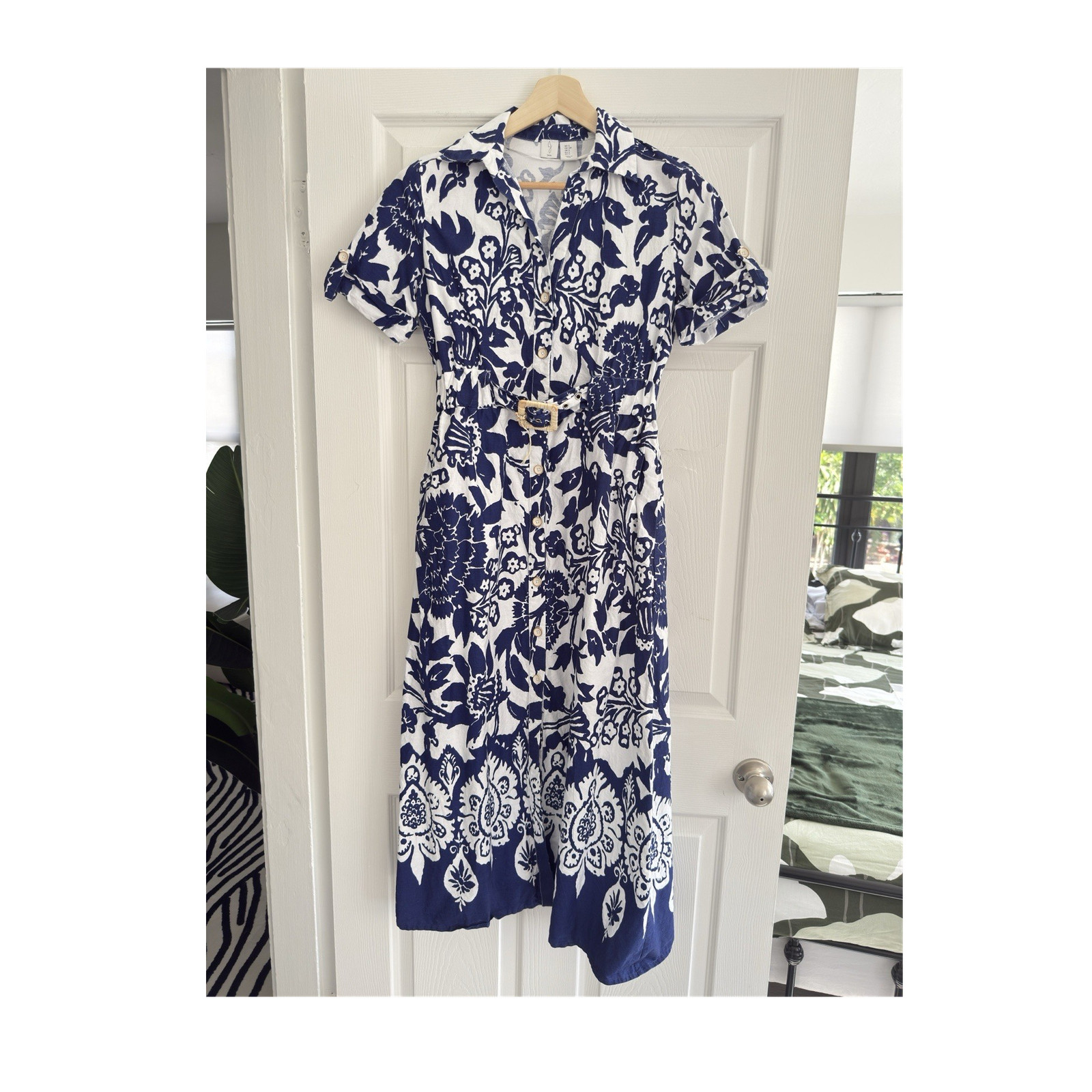 Joie Blue White Floral Shirt Dress Belted Short Sleeve Button Front Midi S