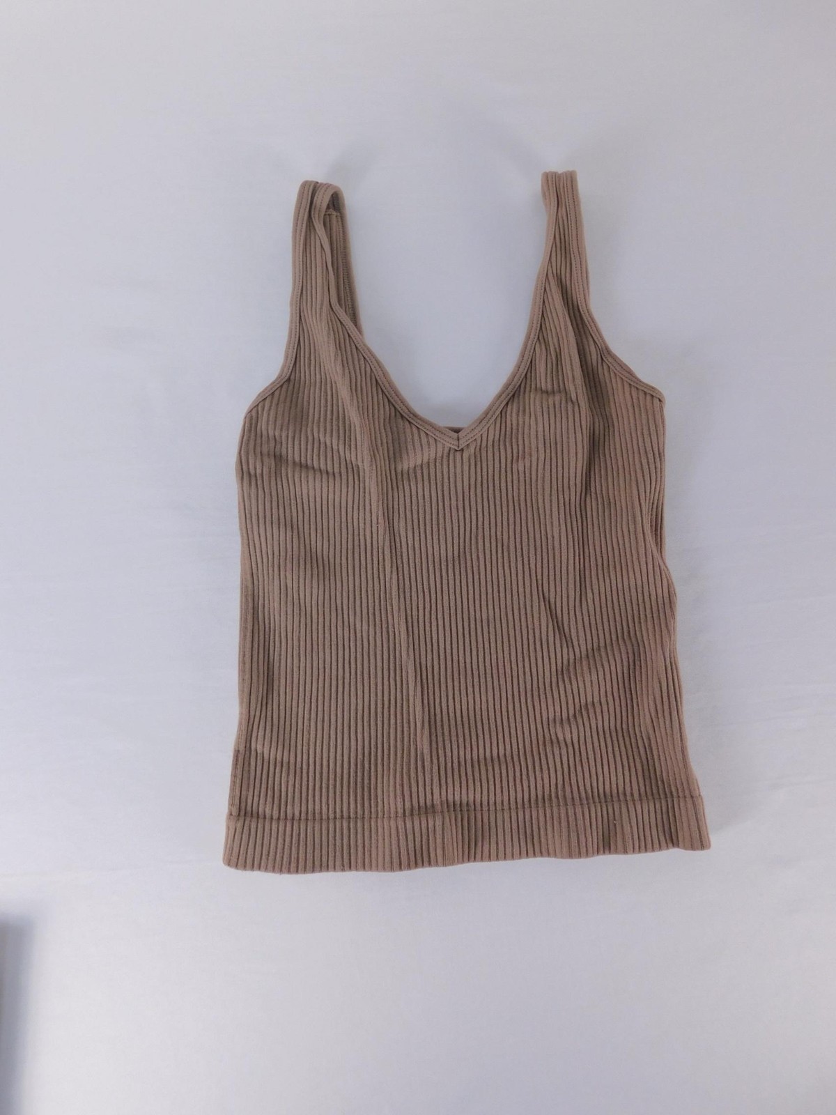 Tank Top Womens Small Beige V-Neck Ribbed Stretch Slim Fit Cotton Blend-image