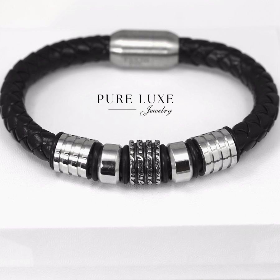 Men's Stainless-Steel.Silver Black.Braided Leather,Magnetic