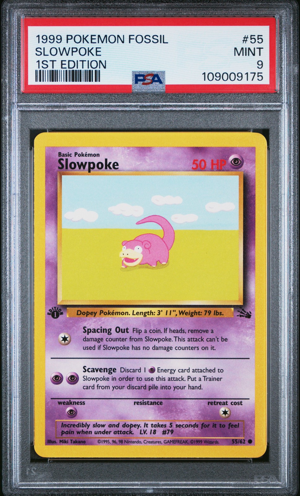 1999 POKEMON FOSSIL 1ST ED #55 SLOWPOKE PSA 9