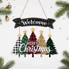 Merry Christmas Wreath Hanging Sign For Front Door, Wooden Welcome Tree