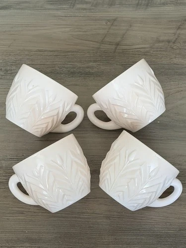 Vintage Jeanette Glass Feathers Pink Milk Set Of 4 Cups Teacup Pouch Glasses