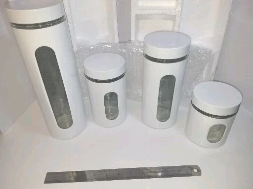 4 Piece White Canister Set, White Steel Glass W/ Content Window New Open Box