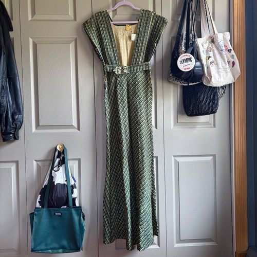 handmade antique 1920/30s vintage plaid green and yellow day dress - size 8