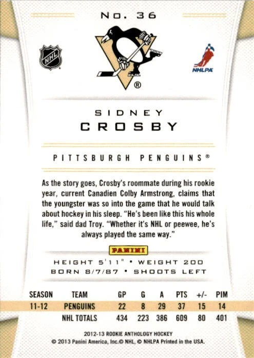 Sidney Crosby Pittsburgh Penguins 2012-13 Panini Rookie Anthology 36 - Image 2 of 2