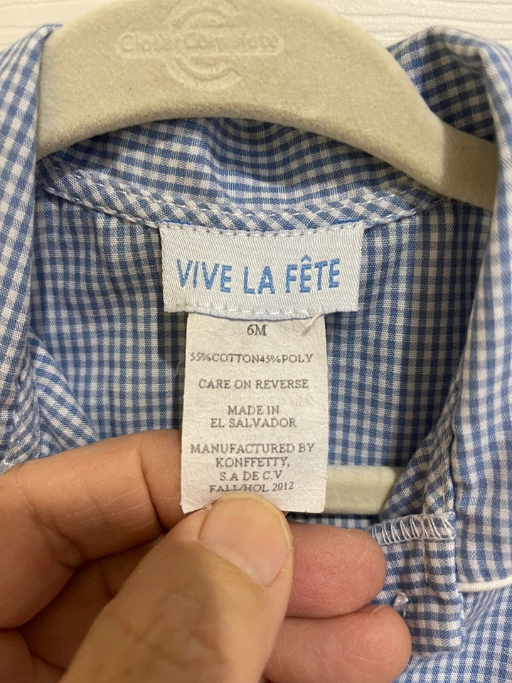 VIVE LA FETE Infant Boys 1-Piece Outfit Size 6 Months “H” Blue Plaid Pocket - Image 3 of 4