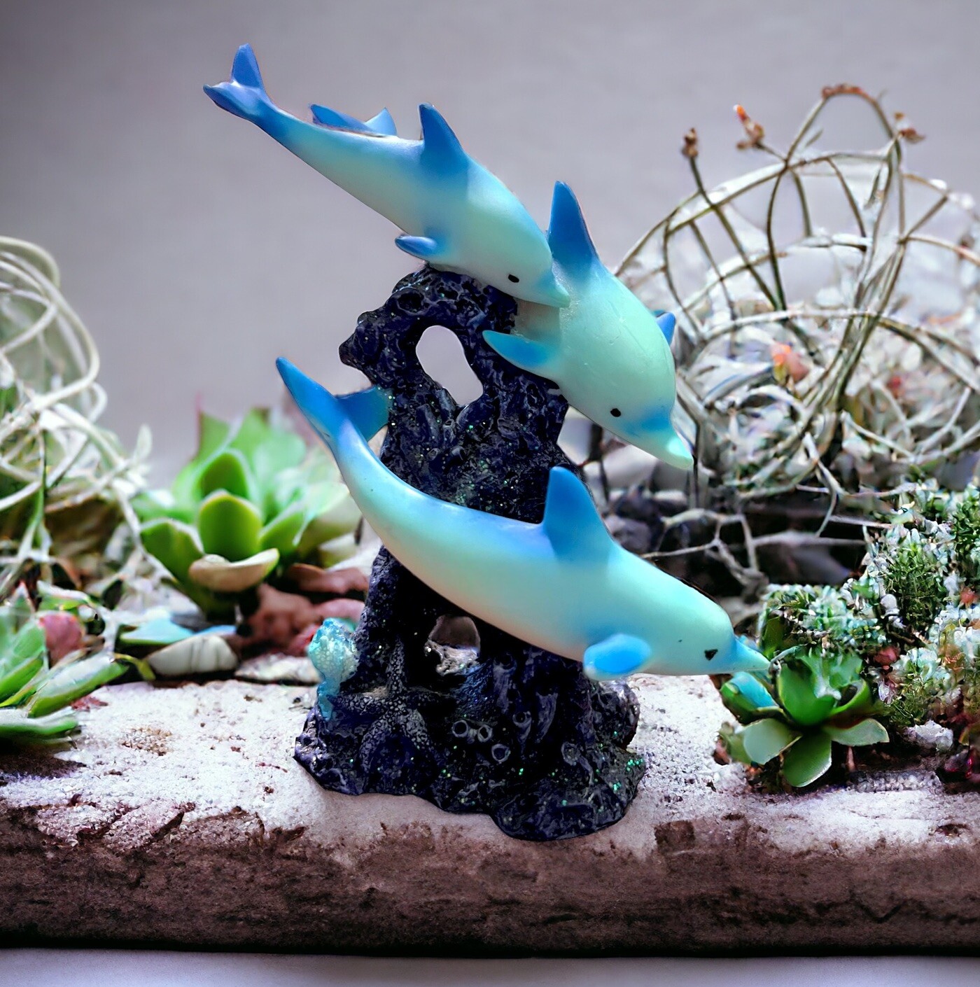 3 Blue Dolphins Swimming Around Coral Statue Sea Life Figurine Room Decor 6 3/8”