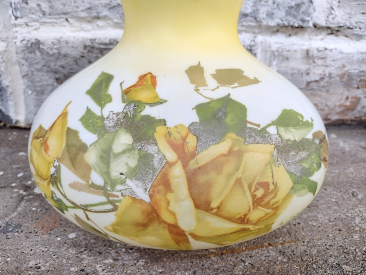 Vintage Mid Century Signed Yellow Painted Rose Glass 10