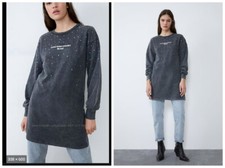 ZARA GRAY STUDDED SLOGAN  "CONTEMPORARY MIND" SWEATSHIRT DRESS 1131/938/807 L