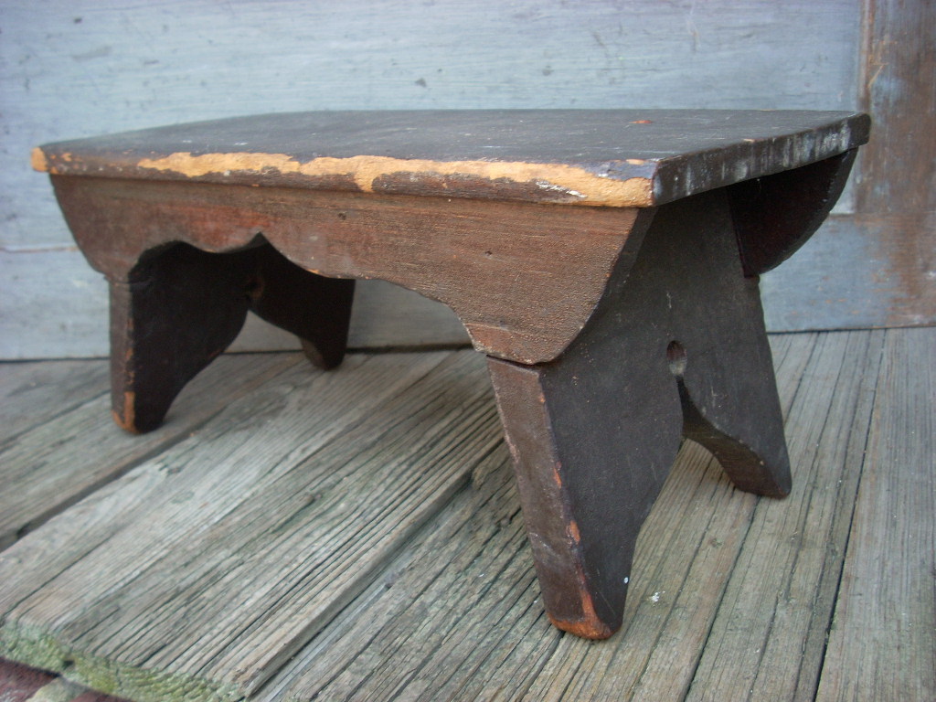 Antique Primitive Wood Cricket Bench Stool AAFA Folk Art Engraved