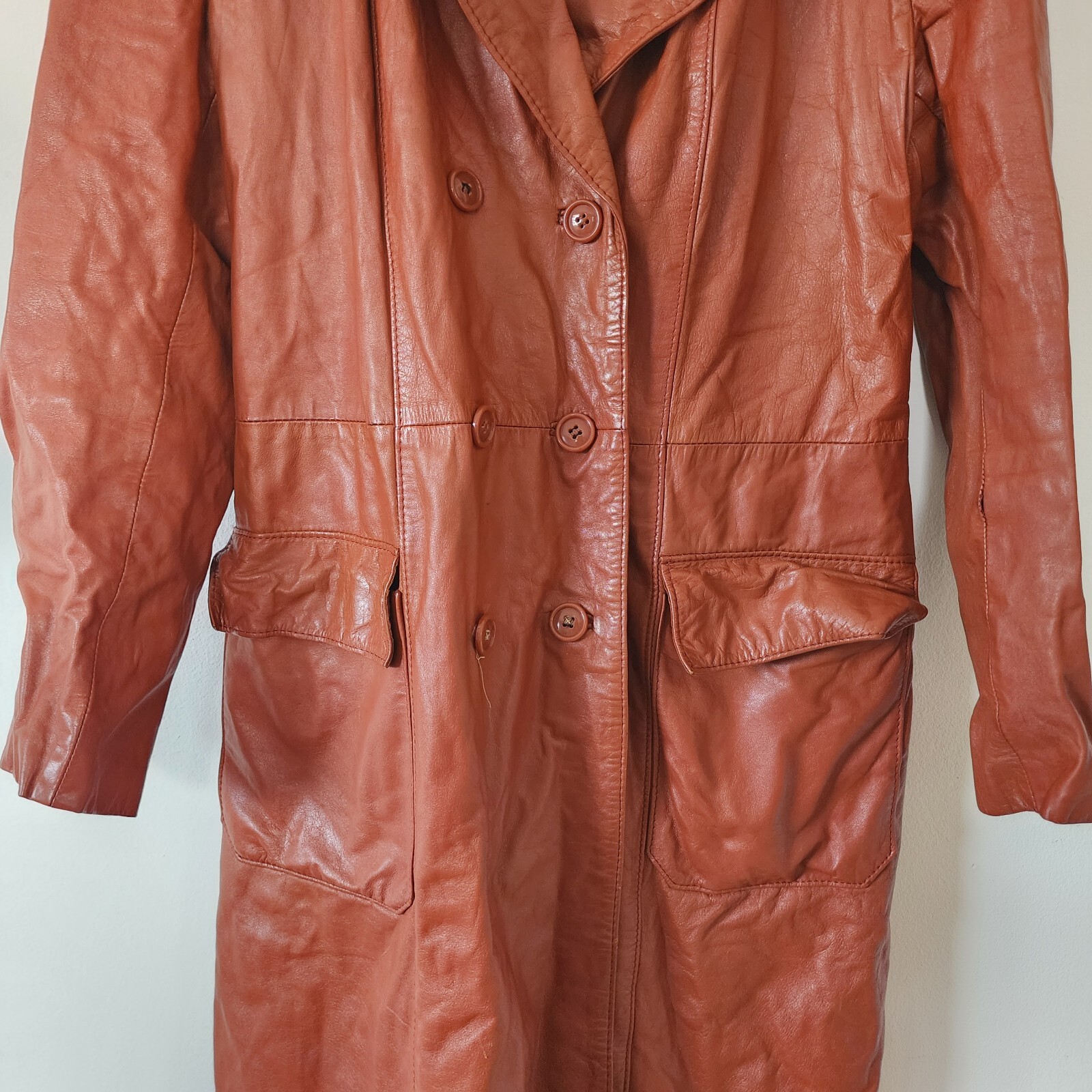 Vintage Womens 70s Orange Leather Trench Jacket S… - image 4
