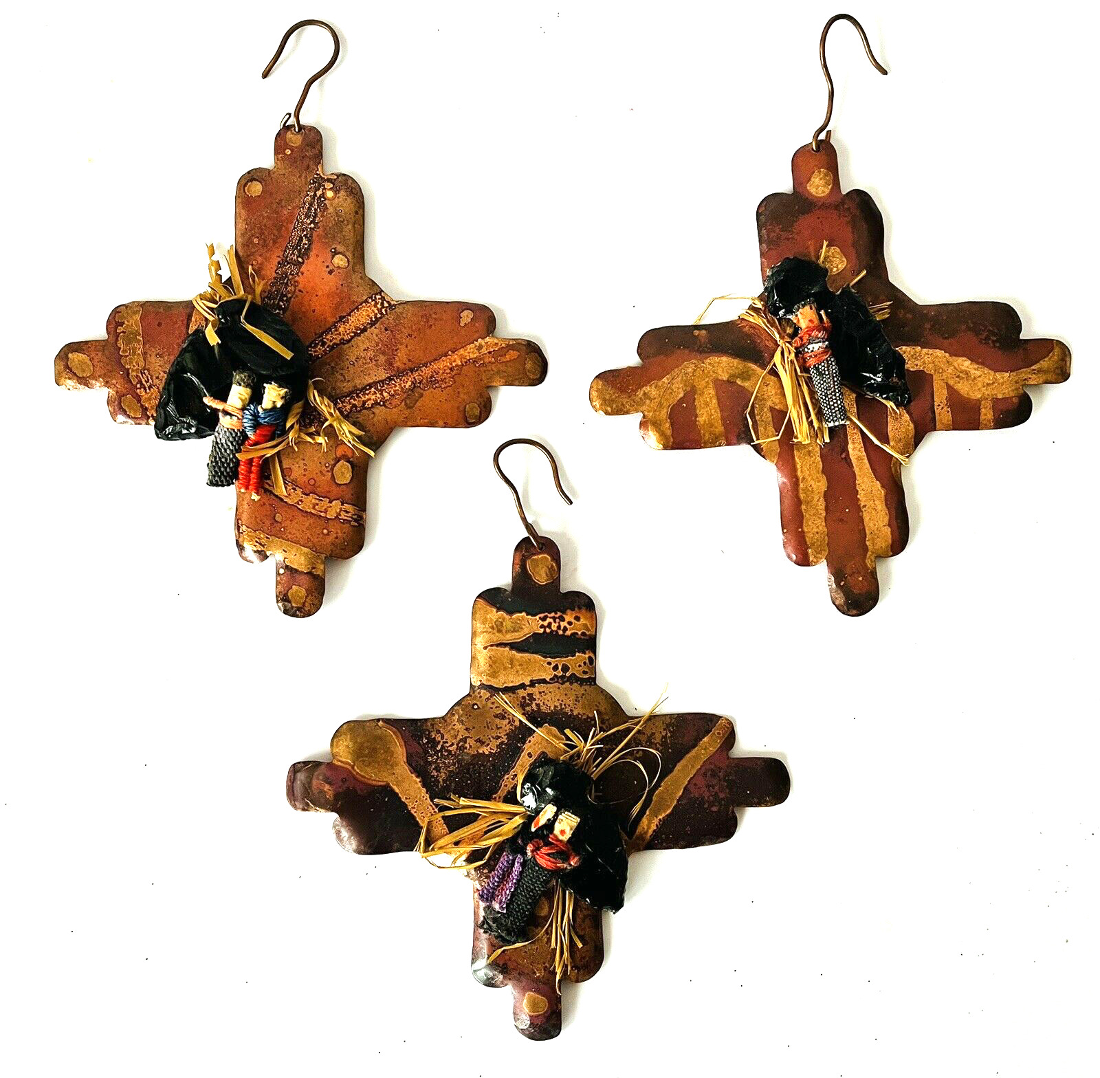 3 Artisan Copper Sun Ornament Cross Shape + Tiny Dolls + Stone Arrowhead 4.5"