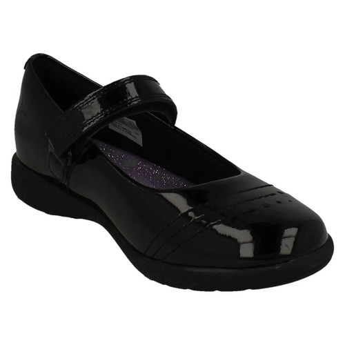NIÑAS CLARKS GRABADO GEMA CHAROL NEGRO CINTA RASGADO ZAPATOS DE FIJACIÓN - Imagen 2 de 9