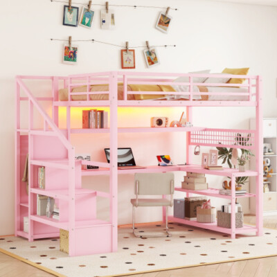 Full Size Metal Loft Bed with Desk Wardrobe & Storage Cabinet Shelves Bed Frames