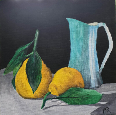 Quitte und Krug - Original Acrylgemälde, Original Stillleben Gemälde, Früchte