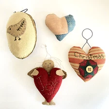 4 Rustic Christmas Ornaments Cloth Farmhouse Country Heart Angel Vintage