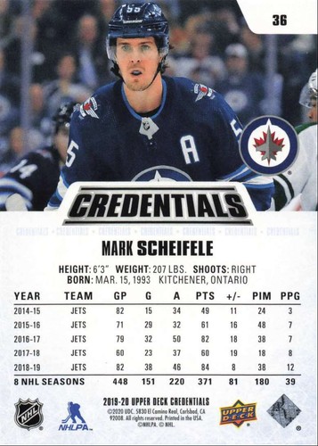 2019-20 Upper Deck Credentials Mark Scheifele Winnipeg Jets #36 - Picture 2 of 2