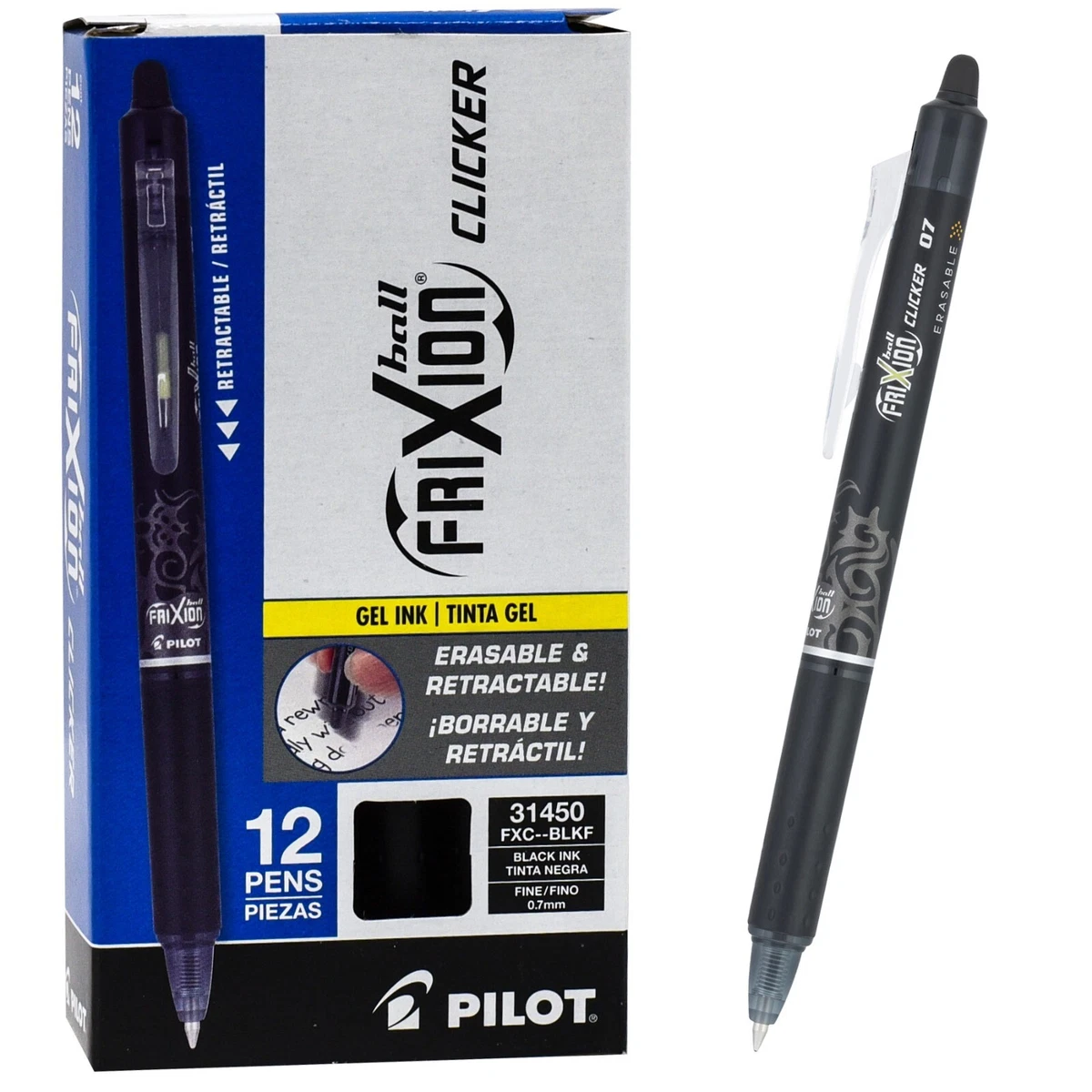 Pilot Frixion Ball Clicker 0.7 Retractable Erasable Black Ink Gel Pen, Box  of 12