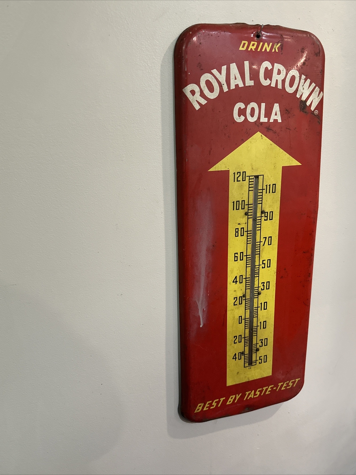 ORGINAL AUTHENIC DRINK ROYAL CROWN COLA THERMOMETER METAL SIGN. 9.5x26