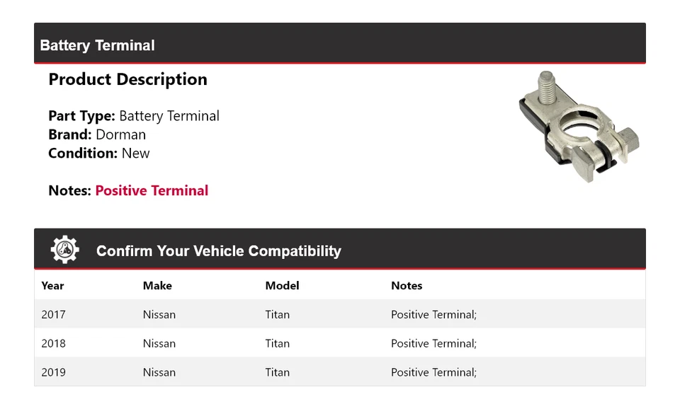 For 2017-2019 Nissan Titan Dorman Battery Terminal 2018 - Image 2 of 4