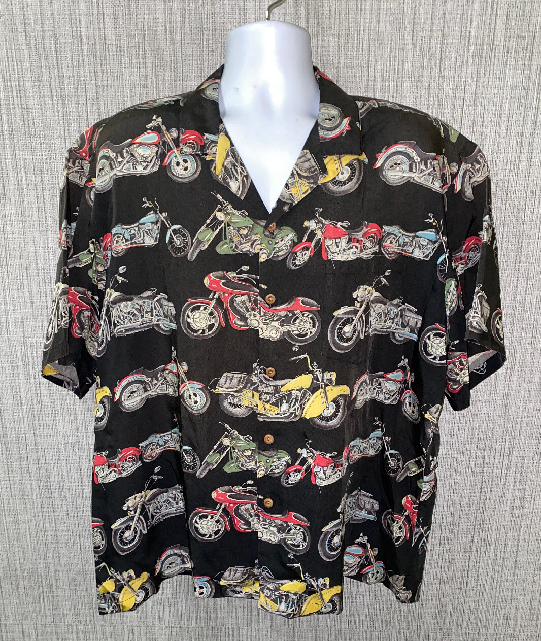 Vtg Paradise Found Mens Motorcycle Print Aloha Hawaiian Shirt 27 In Armpit