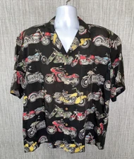 Vtg Paradise Found Mens Motorcycle Print Aloha Hawaiian Shirt 27 In Armpit