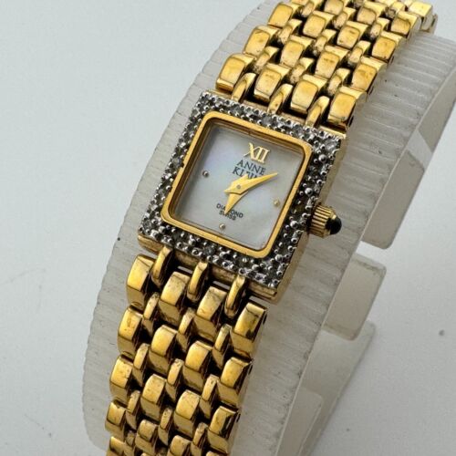 Anne Klein Quartz Watch 12/7228 Women Gold Tone Diamonds Rectangle New Battery