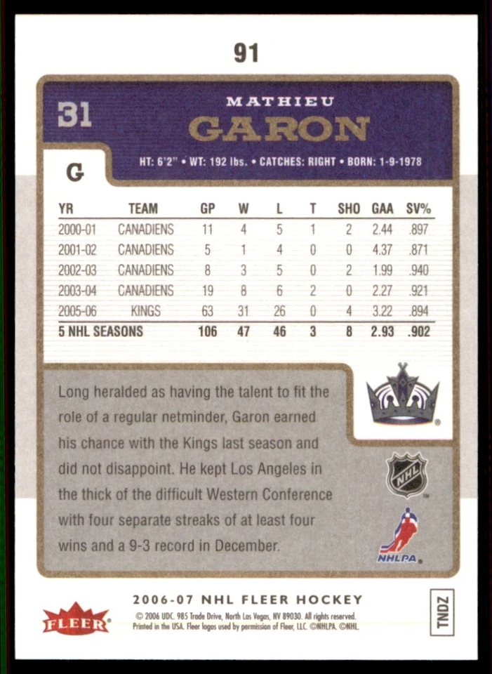 2006-07 Fleer Mathieu Garon Los Angeles Kings #91 - Image 2 of 2