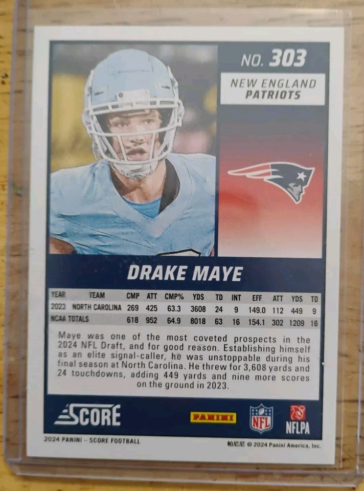 2024 Score Drake Maye RC 303 Green Border Parallel New England