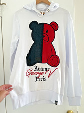 Avenue George V Paris Hoodie Rhinestone GV Teddy Bear Men  s White Long Sleeve M