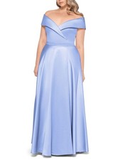 Xscape Womens Light Blue Off Shoulder Zippered Fit and Flare Evening Dress Plus