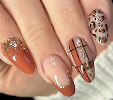 24 Pcs Press-On Nails Long Oval Glossy Leopard Plaid French Glitter Glossy