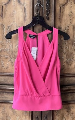 Vintage bebe Pink Solid V-Neck Sleeveless Wrap Front Smocked Blouse Top Size S