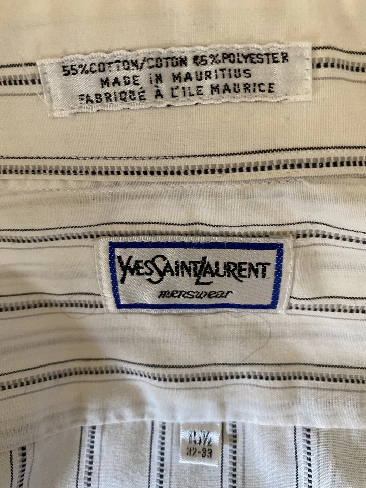 RARE Vtg 1980s YSL Men’s  Blk N Cream Striped Button Dress Shirt LARGE 32”-33” - Image 3 of 4