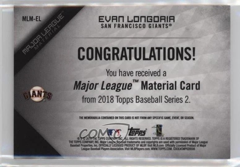 2018 Topps Major League Material Series 2 Red /25 Evan Longoria #MLM-EL - Image 2 of 2
