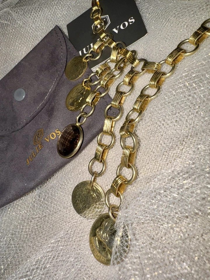 Collar Julie Vos Colgantes Monedas Oro y Vidrio Marrón Ahumado Chapado 24k RETIRADO Foto 4 de 4