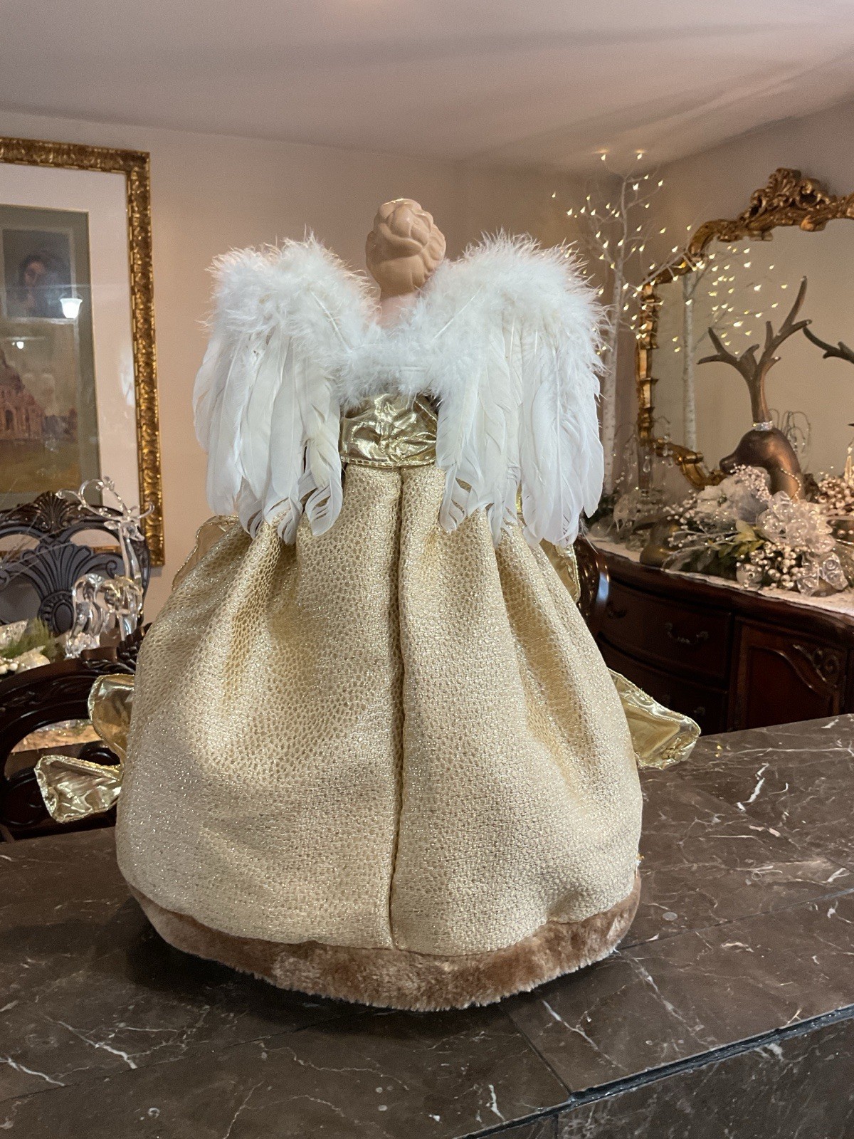 Christmas Angel Tree Topper Ivory Gold And Brown Elegant Gown 17” Stunning