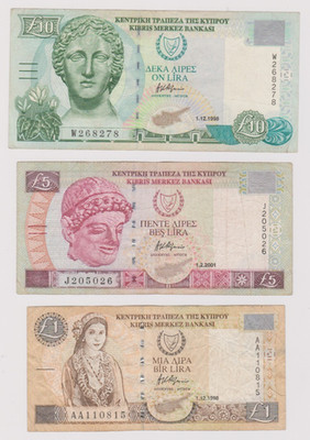 ZYPERN - Lot von 3 verschiedenen zirkulierten Scheinen = £1 / £5 / £10 Pfund Scheine