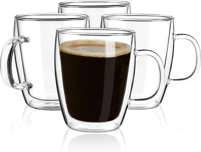 YUNCANG Double Wall Coffee Mugs, (4-Pcak) 16 Ounces-Clear Glass Cups with Handle