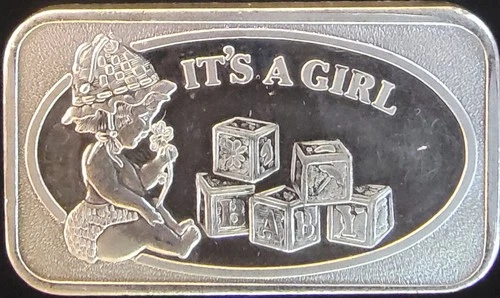 It's A Girl Birth Engravable Baby Blocks Rare Bullion-0.999 Silver 1 Oz Art Bar