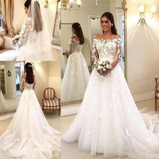Wedding Dresses Lace Appliques Long Sleeves Tulle Bridal Gowns without veil