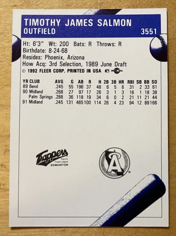 1992 Fleer ProCards Minor League - Tim Salmon #3551 Edmonton Trappers Mint Rare - Image 2 of 2