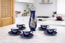 Vintage Japanese Tea Set Cobalt Blue Cups Saucers Vase Bird Floral Japan