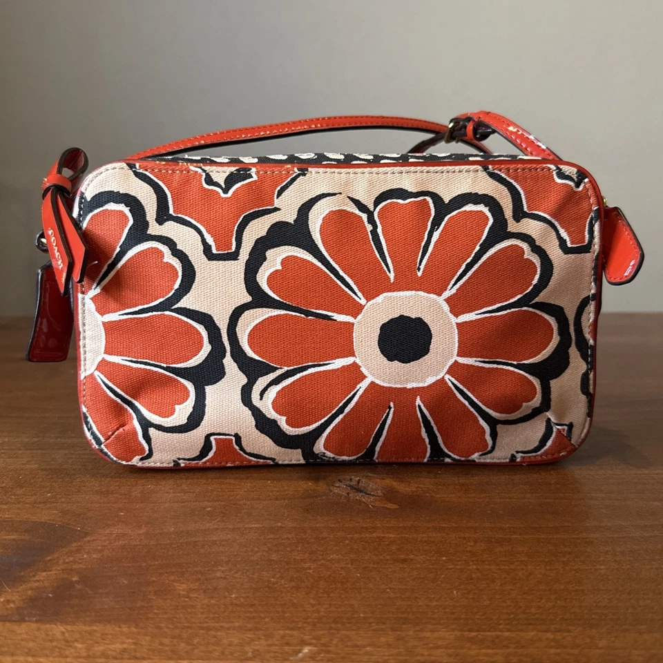 Bolso Bandolera Raro Coach Amapola Floral Estampado Bufanda Vuelo Rojo Lona Patente Foto 3 de 4