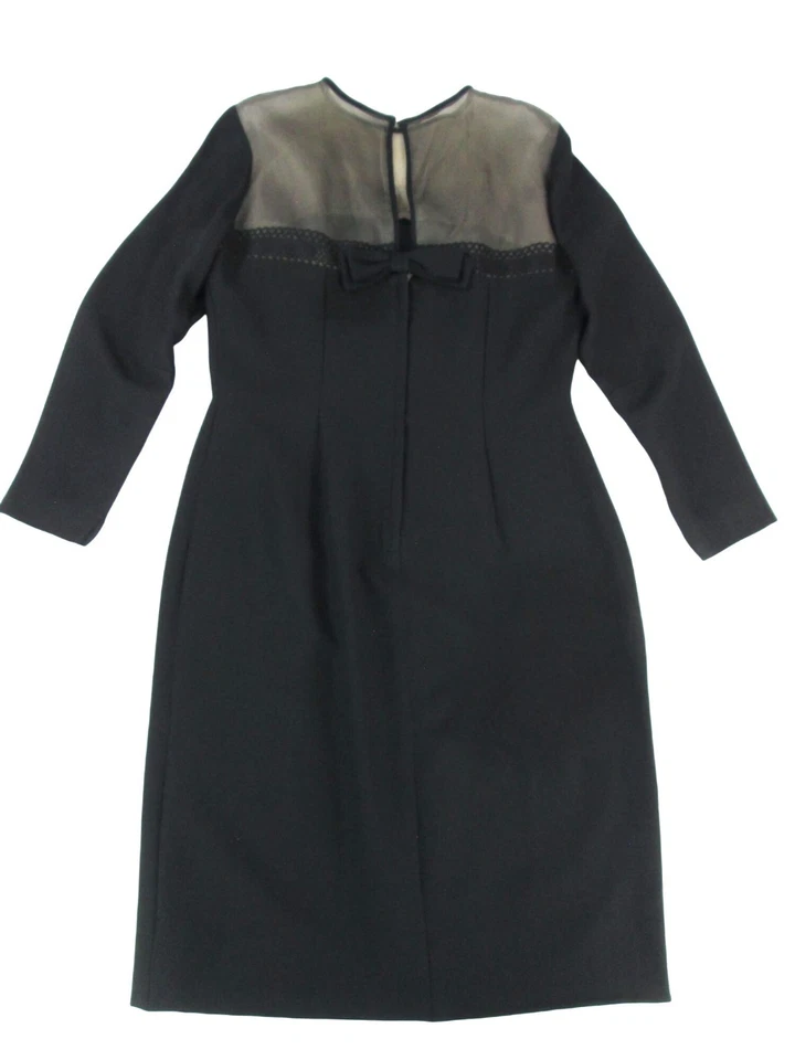 Vintage 60s Little Black Cocktail Dress 14 Sheer Bow Long Sleeve Minimalist Goth - Image 3 of 4