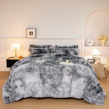 Kids Girls Faux Fur Black White Gray Comforter Sets Queen - 3PC Bed Set Soft ...