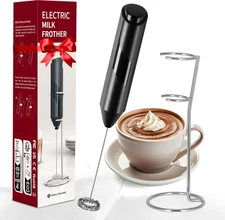 Handheld Electric Milk Frother with Stand - Battery Operated Drink Mixer