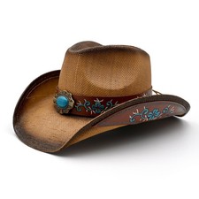 Straw Cowboy Hat Men's Women's Woven Sun Hat with Two Decorative Bands