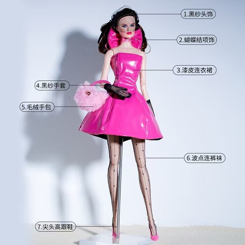 Cool Leather Hot Pink 1/6 Doll Clothes Outfits Set Evening Dress Gown Gloves 1:6 - Picture 3 of 7