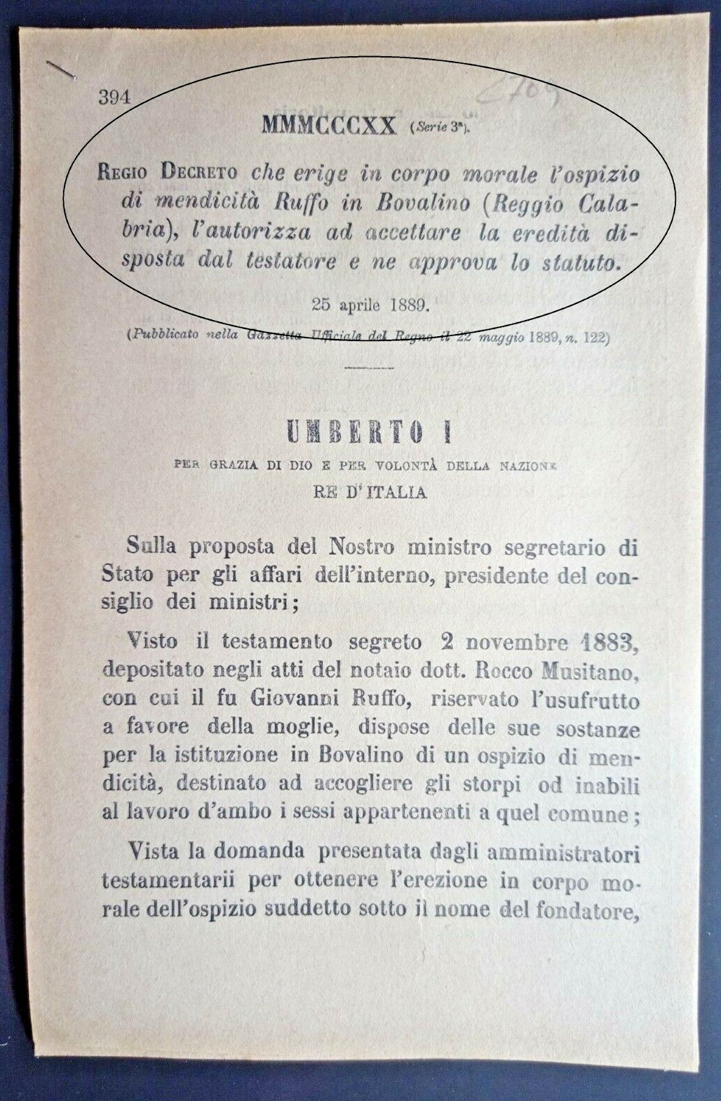 BOVALINO(RC)-REGIO DECRETO ERIGE IN CORPO MORALE L'OSPIZIO DI MENDICITA'-2709
